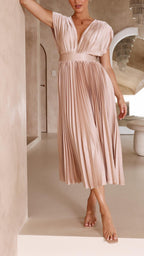 Abito midi plissettato elegante da donna con scollo a V, drappeggiato, fluido, invitata a matrimonio, casual, formale – Maria