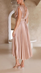 Abito midi plissettato elegante da donna con scollo a V, drappeggiato, fluido, invitata a matrimonio, casual, formale – Maria