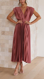 Abito midi plissettato elegante da donna con scollo a V, drappeggiato, fluido, invitata a matrimonio, casual, formale – Maria