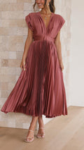 Abito midi plissettato elegante da donna con scollo a V, drappeggiato, fluido, invitata a matrimonio, casual, formale – Maria