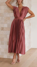 Abito midi plissettato elegante da donna con scollo a V, drappeggiato, fluido, invitata a matrimonio, casual, formale – Maria