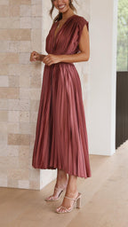 Abito midi plissettato elegante da donna con scollo a V, drappeggiato, fluido, invitata a matrimonio, casual, formale – Maria