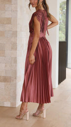 Abito midi plissettato elegante da donna con scollo a V, drappeggiato, fluido, invitata a matrimonio, casual, formale – Maria