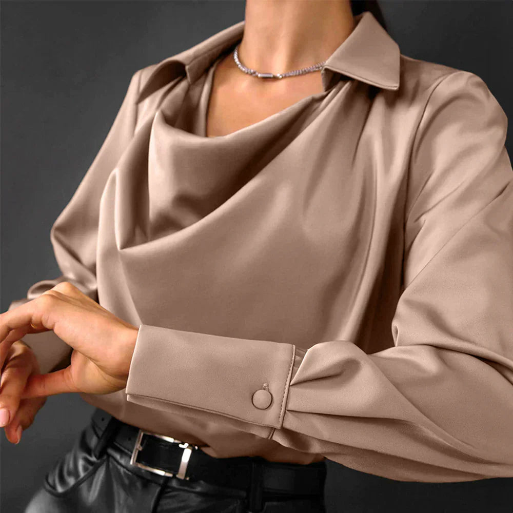Blouse Satin à Col Drape Longue Manche pour Femme Élégante Chic Bureau Soirée Polyvalente – Samantha