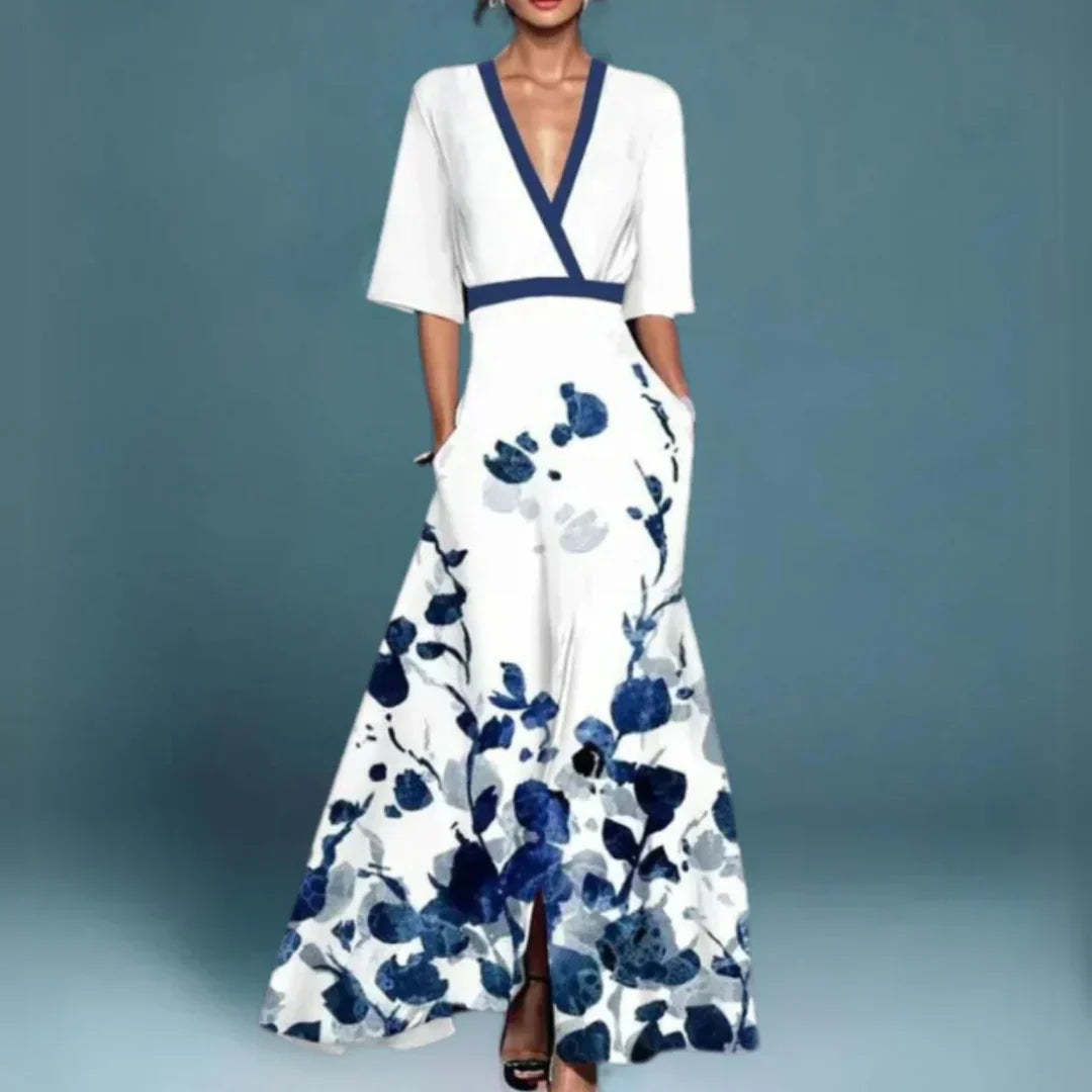 Vestido largo elegante floral para mujer con escote en V y mangas largas, formal, para fiesta de jardín de verano, gala de verano – Jill