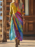 Abito Midi Dress Bohemien Stampa Sole Maniche Lunghe Collo a V Cotone Lino Donna Casual Chic Spiaggia Viaggio Estate – Solara Bohemien