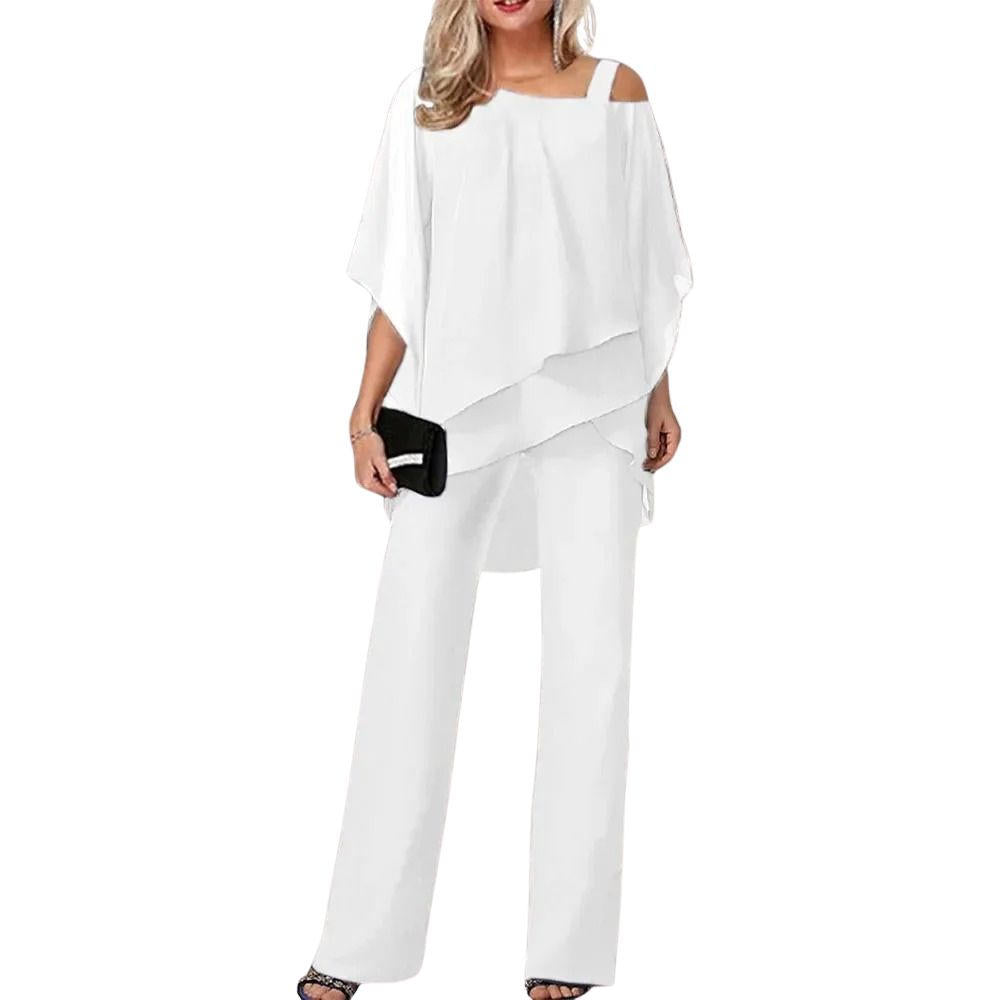 Pantaloni in chiffon festivi formali da donna, completo elegante con pantaloni a gamba larga e top fluido per eventi
