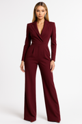 Eleganter Damen-Overall mit langen Ärmeln, weitem Bein, V-Ausschnitt, Wickeldesign, figurbetonter, fließender Passform – Büro, Abendveranstaltung, Cocktail, festliche Anlässe – Burgunderrot