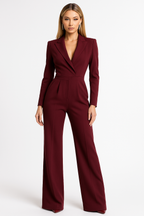 Eleganter Damen-Overall mit langen Ärmeln, weitem Bein, V-Ausschnitt, Wickeldesign, figurbetonter, fließender Passform – Büro, Abendveranstaltung, Cocktail, festliche Anlässe – Burgunderrot
