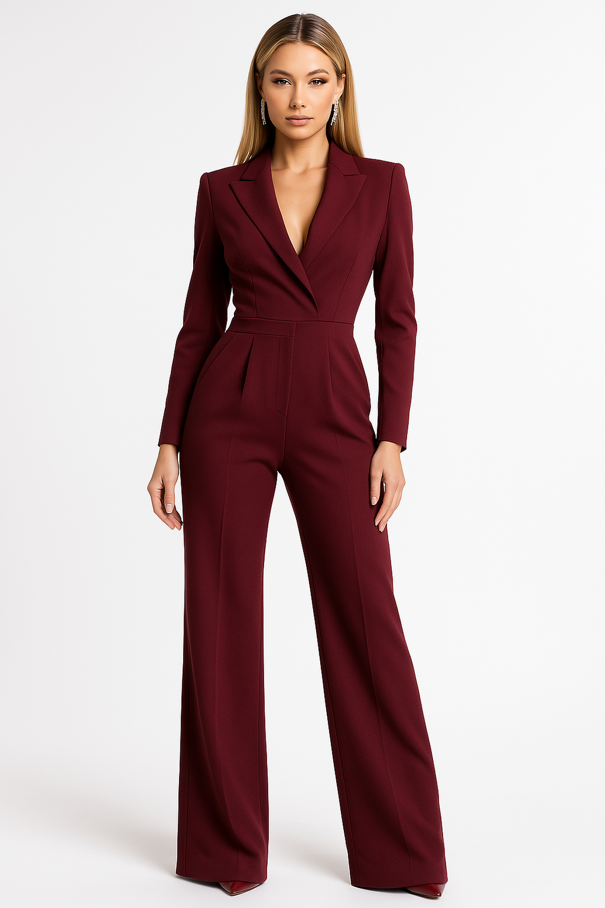 Eleganter Damen-Overall mit langen Ärmeln, weitem Bein, V-Ausschnitt, Wickeldesign, figurbetonter, fließender Passform – Büro, Abendveranstaltung, Cocktail, festliche Anlässe – Burgunderrot