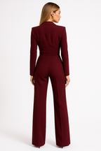 Eleganter Damen-Overall mit langen Ärmeln, weitem Bein, V-Ausschnitt, Wickeldesign, figurbetonter, fließender Passform – Büro, Abendveranstaltung, Cocktail, festliche Anlässe – Burgunderrot