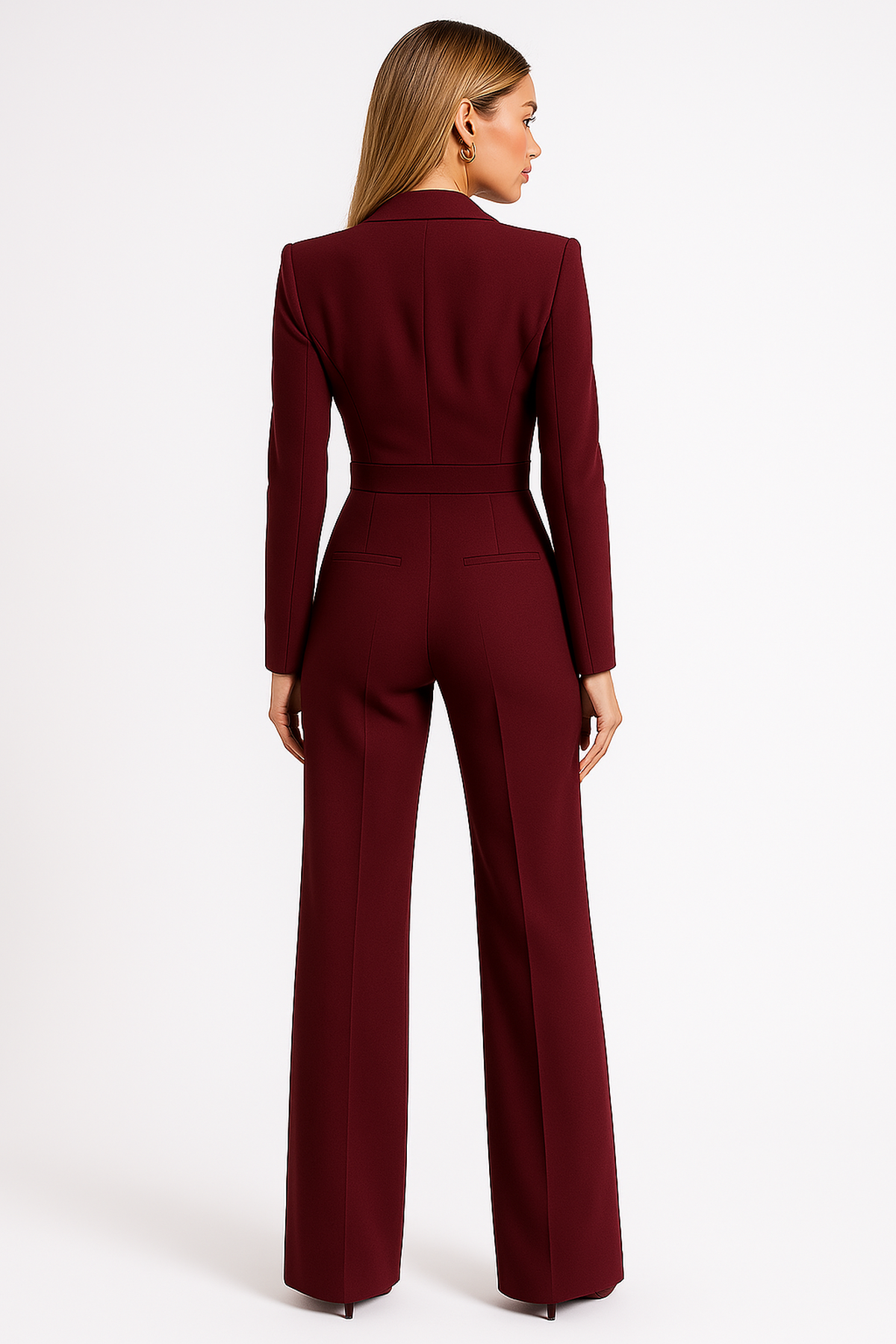 Eleganter Damen-Overall mit langen Ärmeln, weitem Bein, V-Ausschnitt, Wickeldesign, figurbetonter, fließender Passform – Büro, Abendveranstaltung, Cocktail, festliche Anlässe – Burgunderrot
