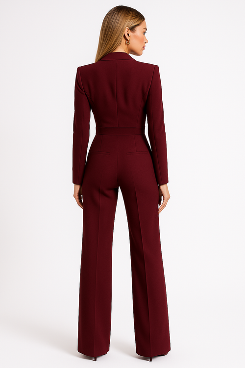 Elegante Dames Jumpsuit met Lange Mouwen, Wijde Broekspijpen, V-hals, Wikkelmodel, Getailleerde, Vloeiende Pasvorm voor Kantoor, Avond, Cocktail en Feestelijke Gelegenheden – Bourgondië