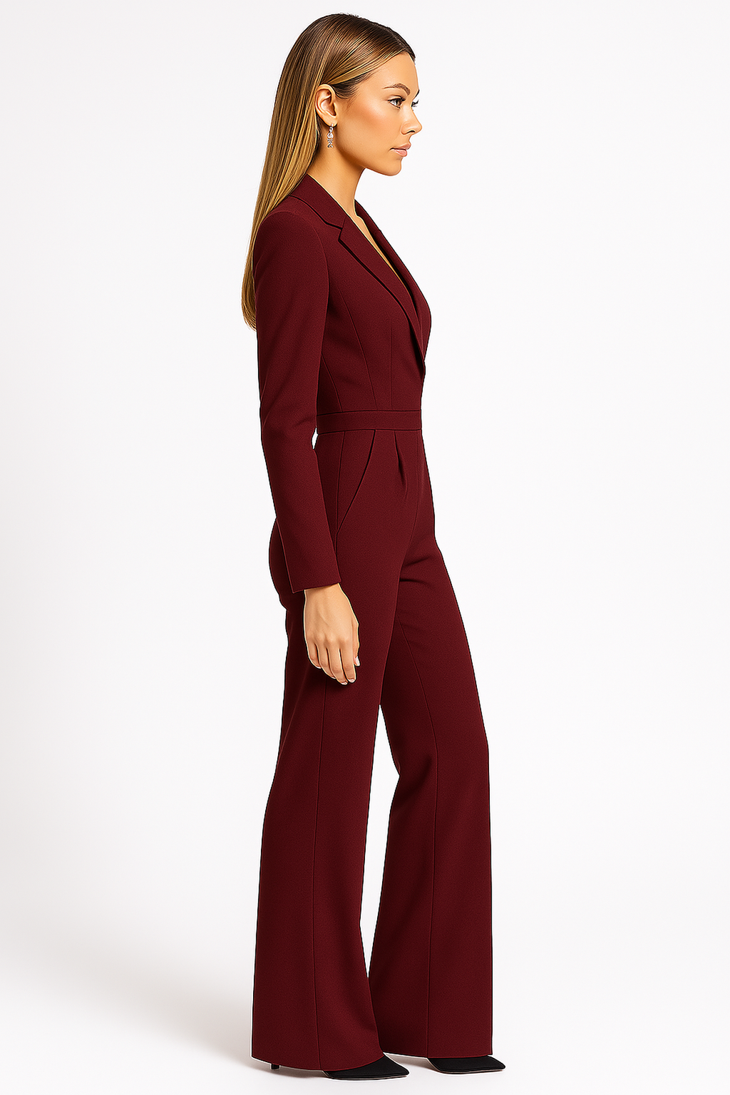 Eleganter Damen-Overall mit langen Ärmeln, weitem Bein, V-Ausschnitt, Wickeldesign, figurbetonter, fließender Passform – Büro, Abendveranstaltung, Cocktail, festliche Anlässe – Burgunderrot