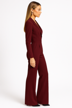 Eleganter Damen-Overall mit langen Ärmeln, weitem Bein, V-Ausschnitt, Wickeldesign, figurbetonter, fließender Passform – Büro, Abendveranstaltung, Cocktail, festliche Anlässe – Burgunderrot