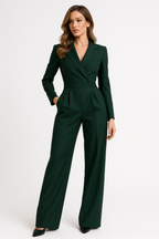 Eleganter Damen-Overall mit langen Ärmeln, weitem Bein, V-Ausschnitt, Wickeldesign, figurbetonter, fließender Passform – Büro, Abendveranstaltung, Cocktail, festliche Anlässe – Burgunderrot