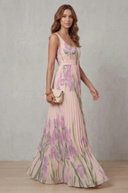 Robe Longue Plissée Florale Aquarelle Encolure Carrée Ceinturée Femme Formelle Mariage Jardin Été – Vivienna