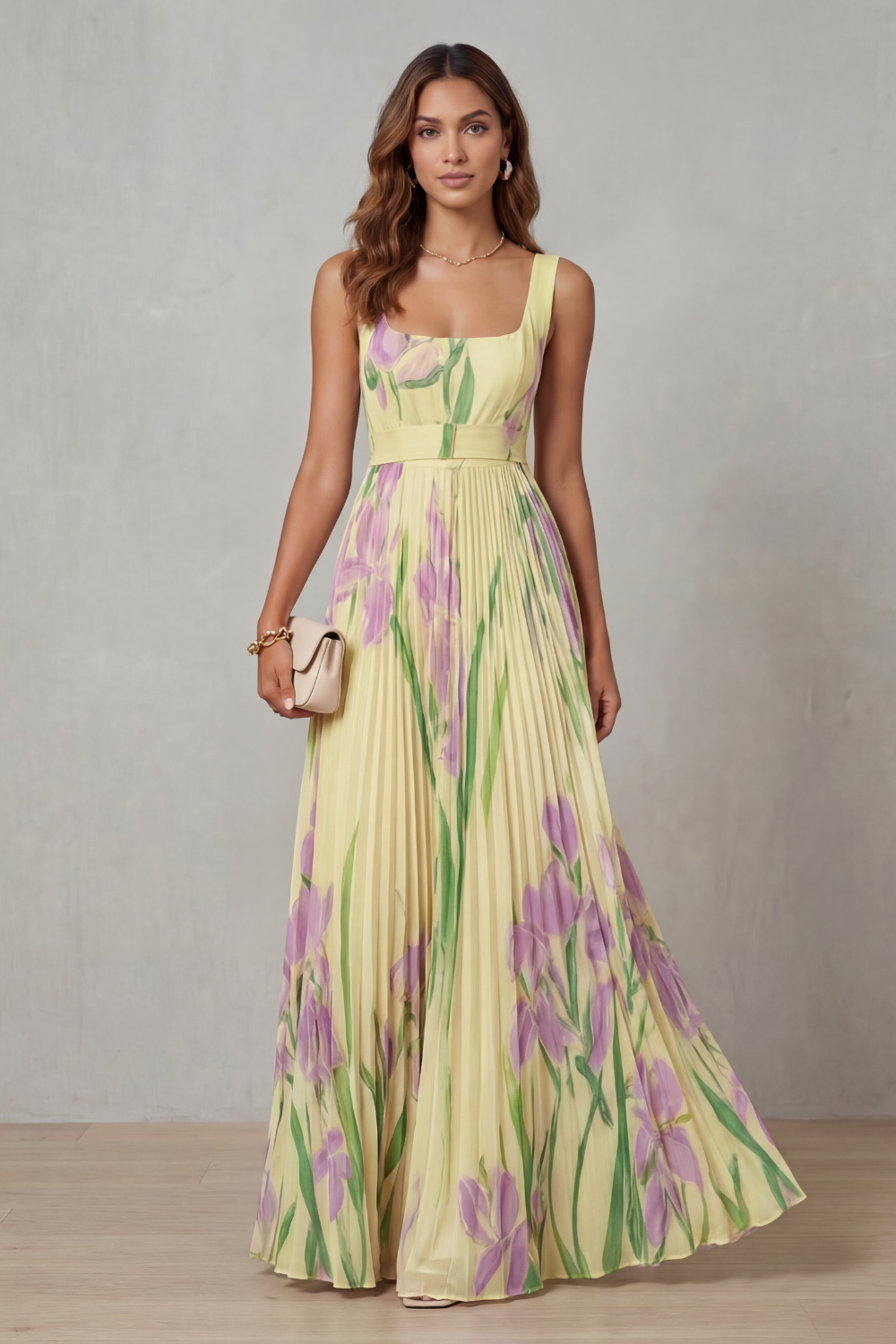 Robe Longue Plissée Florale Aquarelle Encolure Carrée Ceinturée Femme Formelle Mariage Jardin Été – Vivienna