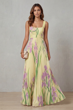 Robe Longue Plissée Florale Aquarelle Encolure Carrée Ceinturée Femme Formelle Mariage Jardin Été – Vivienna