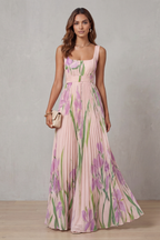 Robe Longue Plissée Florale Aquarelle Encolure Carrée Ceinturée Femme Formelle Mariage Jardin Été – Vivienna