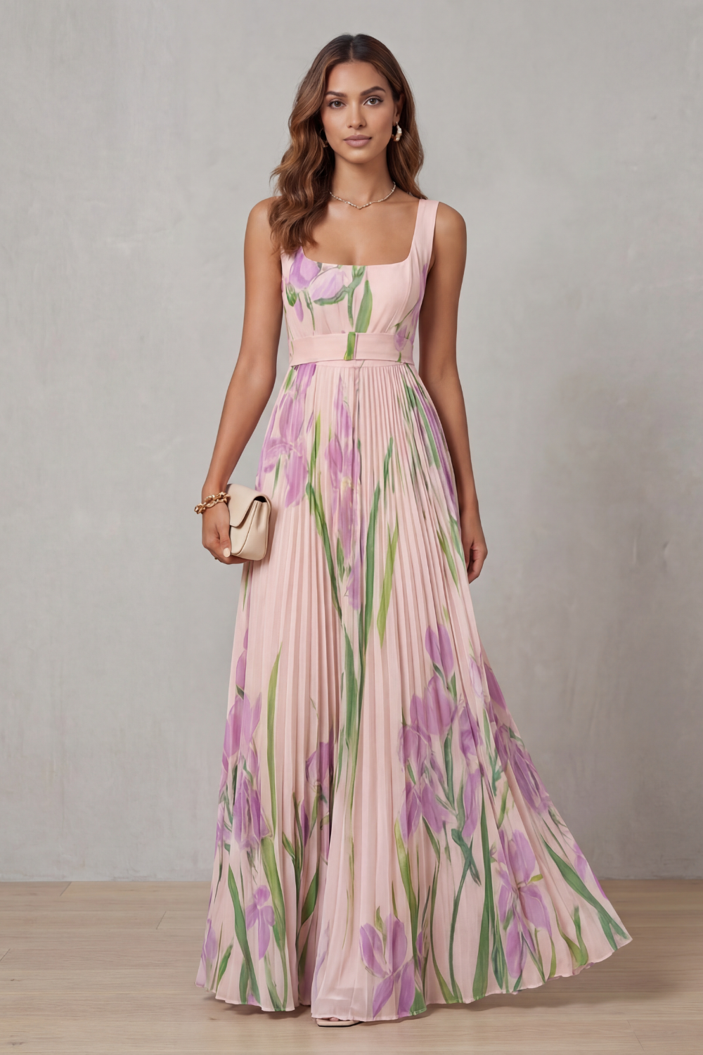 Robe Longue Plissée Florale Aquarelle Encolure Carrée Ceinturée Femme Formelle Mariage Jardin Été – Vivienna