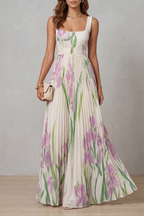 Robe Longue Plissée Florale Aquarelle Encolure Carrée Ceinturée Femme Formelle Mariage Jardin Été – Vivienna