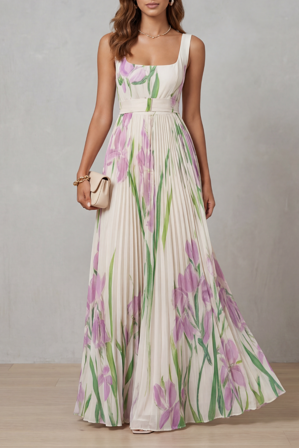 Robe Longue Plissée Florale Aquarelle Encolure Carrée Ceinturée Femme Formelle Mariage Jardin Été – Vivienna