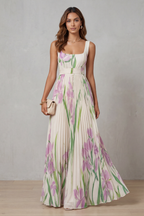 Robe Longue Plissée Florale Aquarelle Encolure Carrée Ceinturée Femme Formelle Mariage Jardin Été – Vivienna