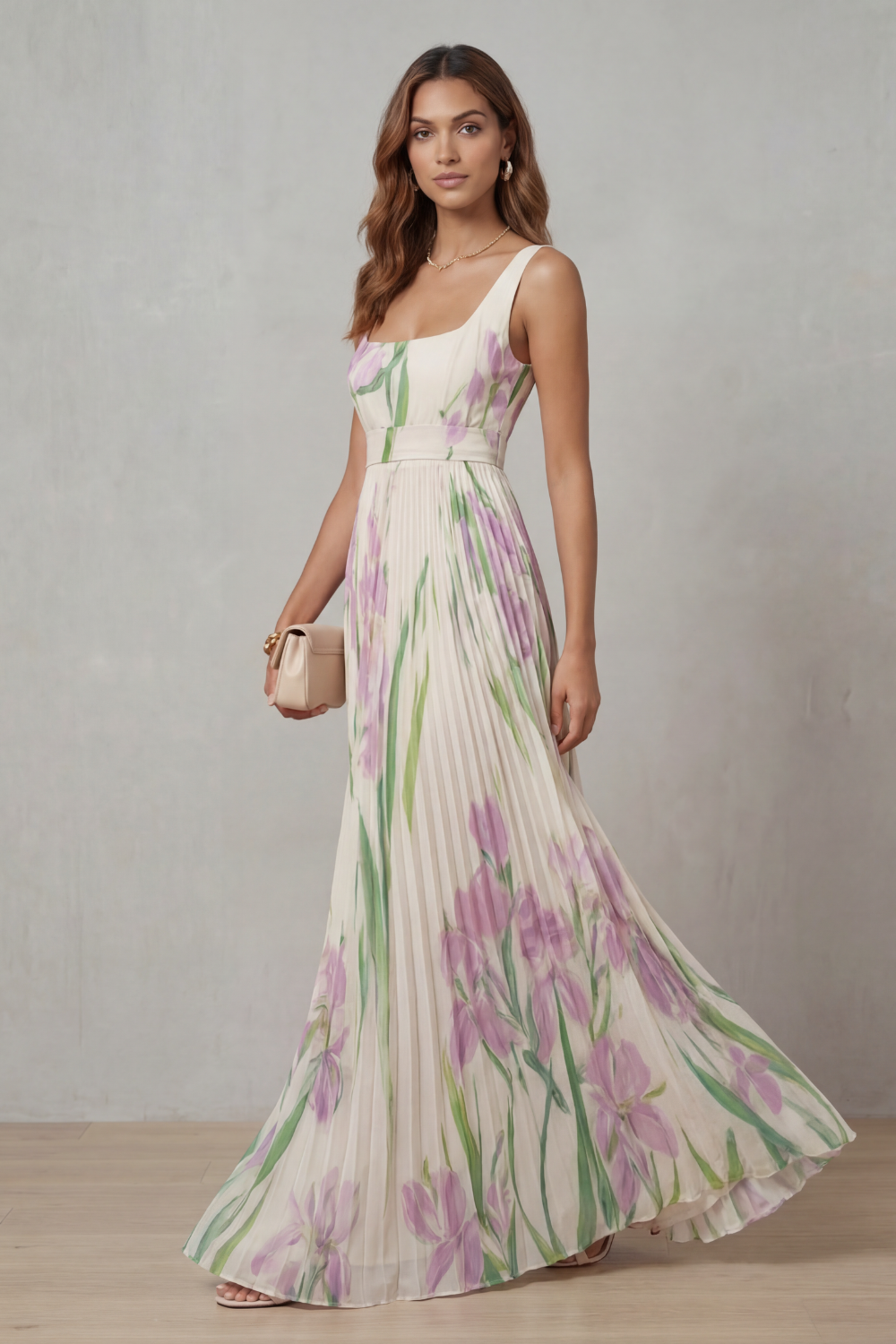 Robe Longue Plissée Florale Aquarelle Encolure Carrée Ceinturée Femme Formelle Mariage Jardin Été – Vivienna