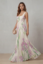 Robe Longue Plissée Florale Aquarelle Encolure Carrée Ceinturée Femme Formelle Mariage Jardin Été – Vivienna