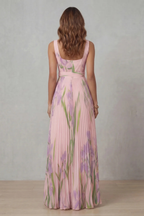 Robe Longue Plissée Florale Aquarelle Encolure Carrée Ceinturée Femme Formelle Mariage Jardin Été – Vivienna