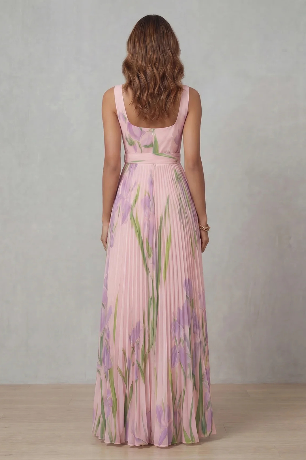 Robe Longue Plissée Florale Aquarelle Encolure Carrée Ceinturée Femme Formelle Mariage Jardin Été – Vivienna