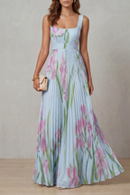 Robe Longue Plissée Florale Aquarelle Encolure Carrée Ceinturée Femme Formelle Mariage Jardin Été – Vivienna