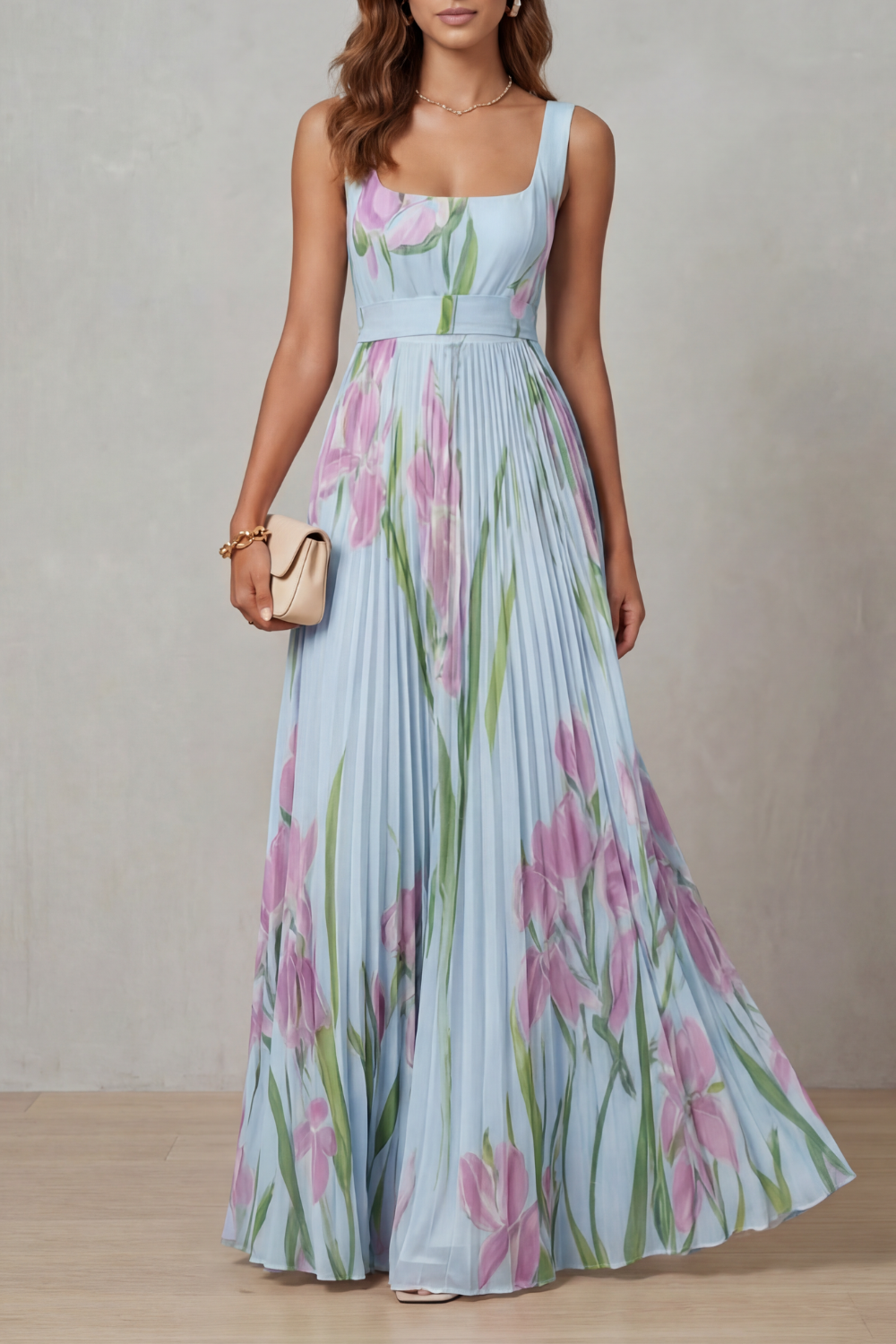 Robe Longue Plissée Florale Aquarelle Encolure Carrée Ceinturée Femme Formelle Mariage Jardin Été – Vivienna