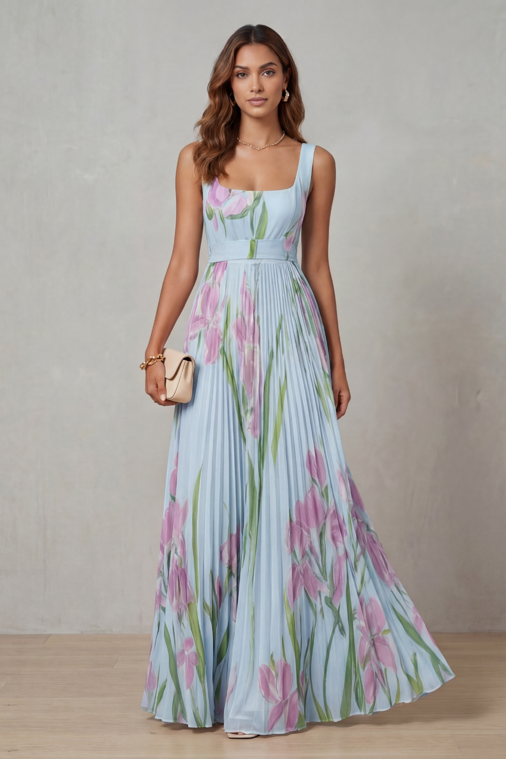 Robe Longue Plissée Florale Aquarelle Encolure Carrée Ceinturée Femme Formelle Mariage Jardin Été – Vivienna