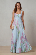 Robe Longue Plissée Florale Aquarelle Encolure Carrée Ceinturée Femme Formelle Mariage Jardin Été – Vivienna
