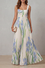 Robe Longue Plissée Florale Aquarelle Encolure Carrée Ceinturée Femme Formelle Mariage Jardin Été – Vivienna