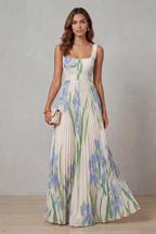 Robe Longue Plissée Florale Aquarelle Encolure Carrée Ceinturée Femme Formelle Mariage Jardin Été – Vivienna