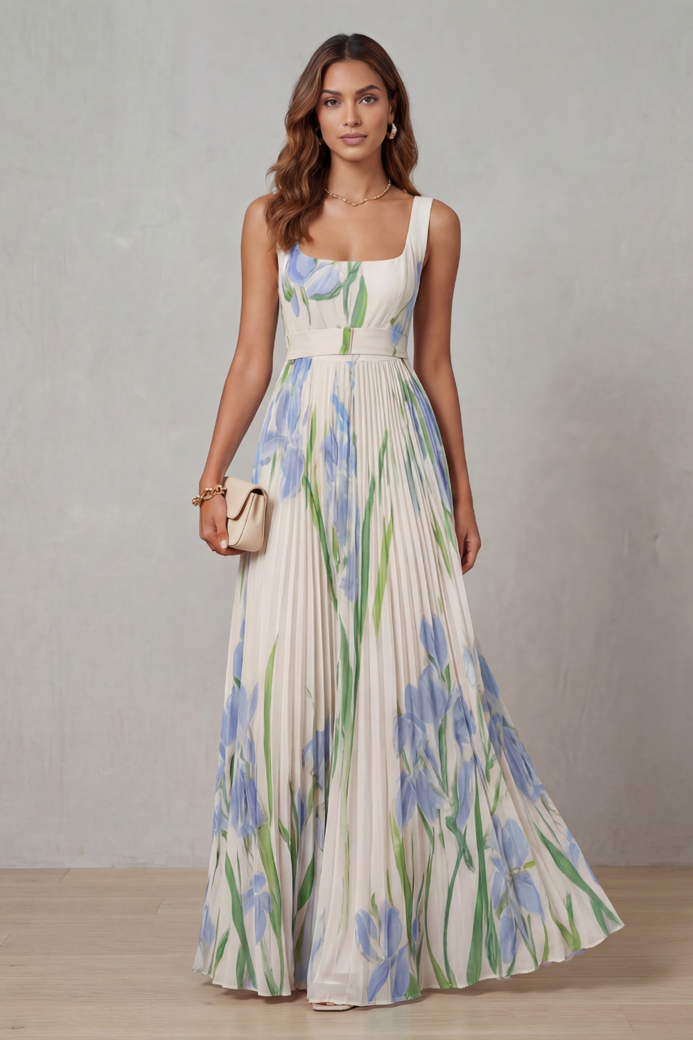 Robe Longue Plissée Florale Aquarelle Encolure Carrée Ceinturée Femme Formelle Mariage Jardin Été – Vivienna