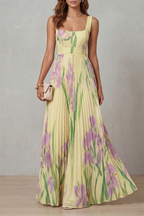 Robe Longue Plissée Florale Aquarelle Encolure Carrée Ceinturée Femme Formelle Mariage Jardin Été – Vivienna