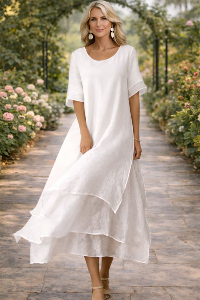 Robe Femme Midi Fluide Manches Courtes Col Rond Coupe Décontractée Légère Quotidien Garden D'été Mariage Invitée Brunch Été – April