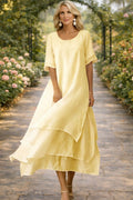Robe Femme Midi Fluide Manches Courtes Col Rond Coupe Décontractée Légère Quotidien Garden D'été Mariage Invitée Brunch Été – April