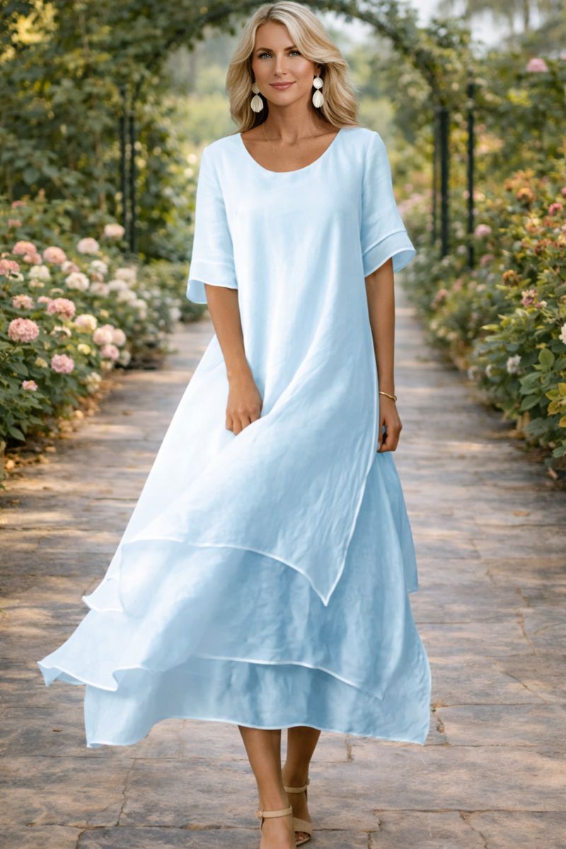 Robe Femme Midi Fluide Manches Courtes Col Rond Coupe Décontractée Légère Quotidien Garden D'été Mariage Invitée Brunch Été – April