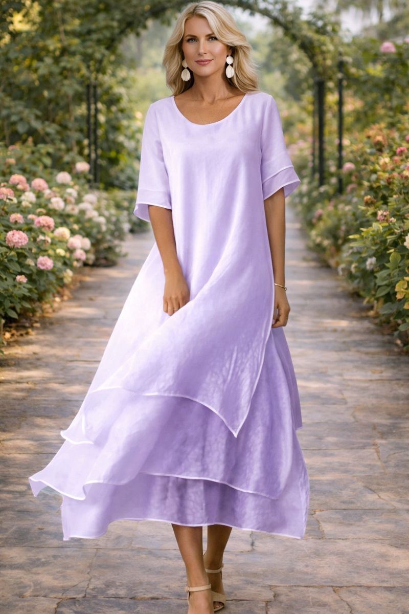 Robe Femme Midi Fluide Manches Courtes Col Rond Coupe Décontractée Légère Quotidien Garden D'été Mariage Invitée Brunch Été – April