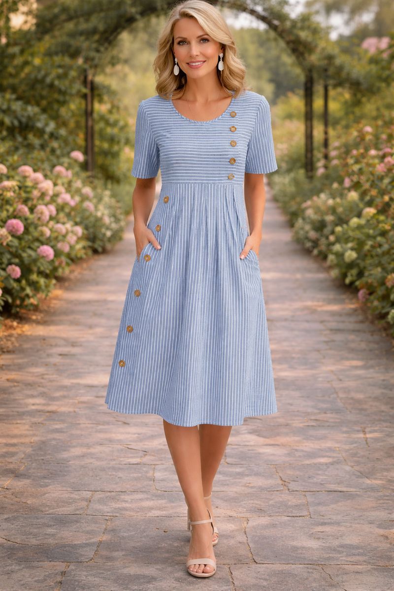 Abito Midi A Righe Maniche Corte Collo a V Gonna Svasata Donna Casual Chic Quotidiano Giardino Primavera Estate – Wanda