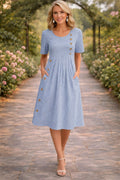 Abito Midi A Righe Maniche Corte Collo a V Gonna Svasata Donna Casual Chic Quotidiano Giardino Primavera Estate – Wanda