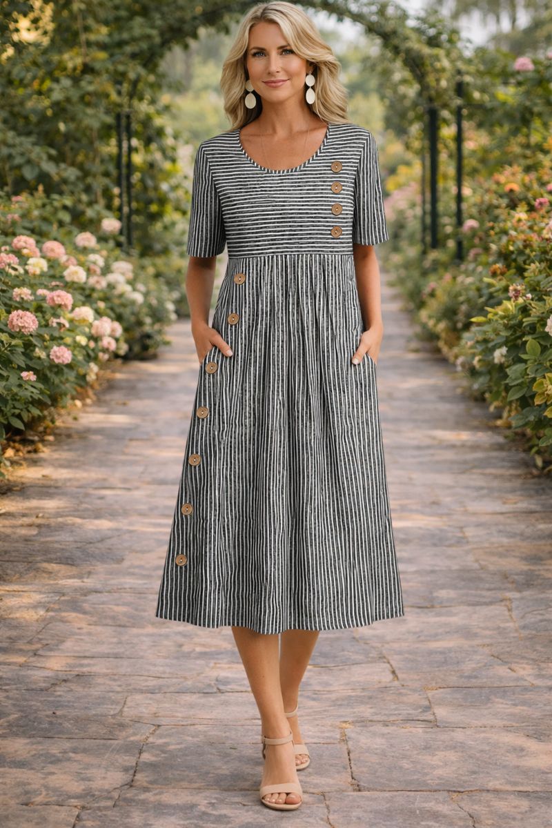Vestido midi a rayas con mangas cortas, cuello en V, falda evasé para mujer, casual chic, diario, jardín, primavera verano – Wanda