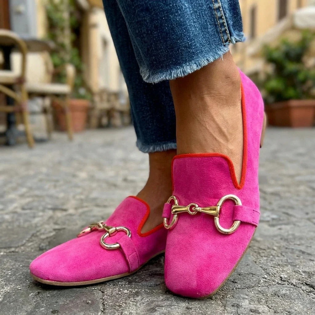 Mocassins Plats Femme en Daim Détail Métallique Doré Semelle Caoutchouc Confort Quotidien Casual Chic Bureau Printemps Été – Rose Fuchsia