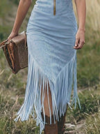 Vestido Midi Vaquera Western Retro para Mujer con Cuello Estructurado, Cierre de Cremallera y Detalles con Flecos – Camel