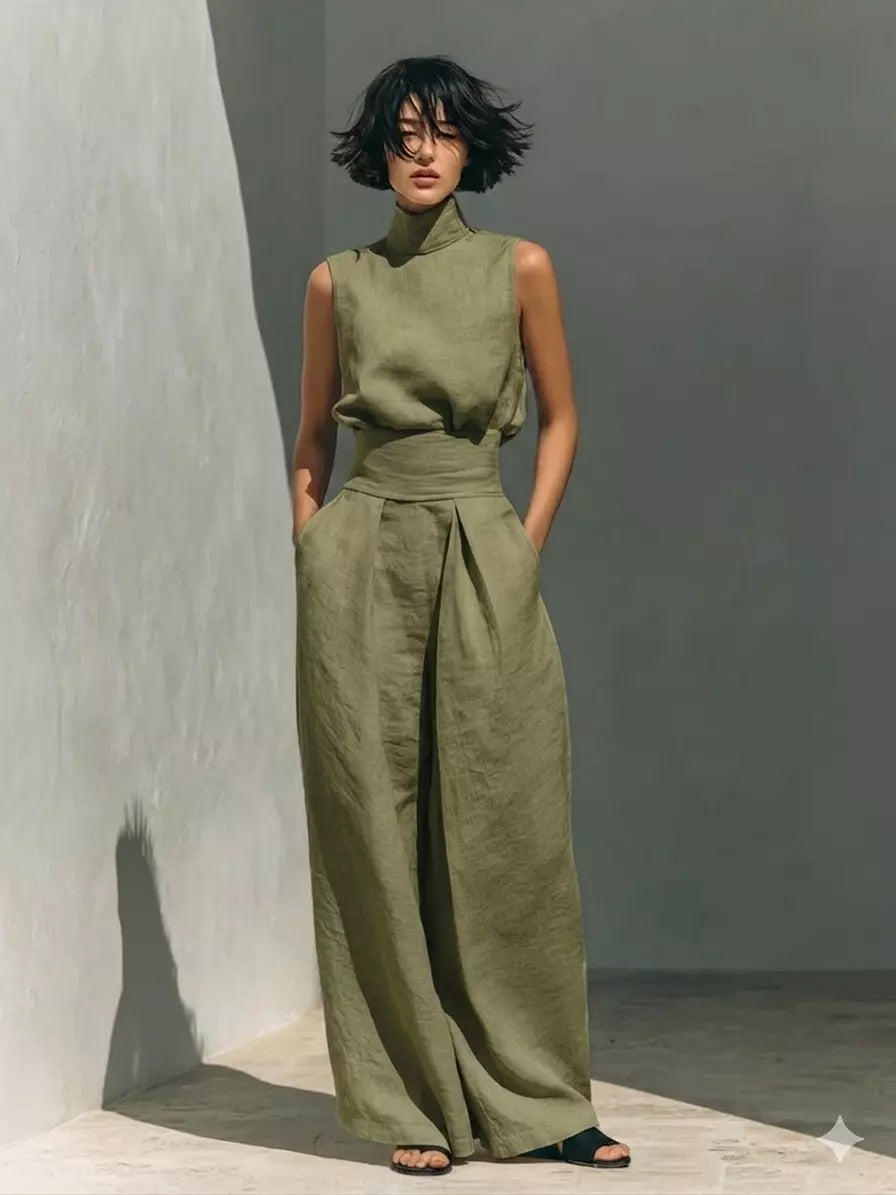 Ensemble Deux Pièces Minimaliste en Coton Lin pour Femmes, Blouse Sans Manches et Pantalon Large, Chic Décontracté – Beige